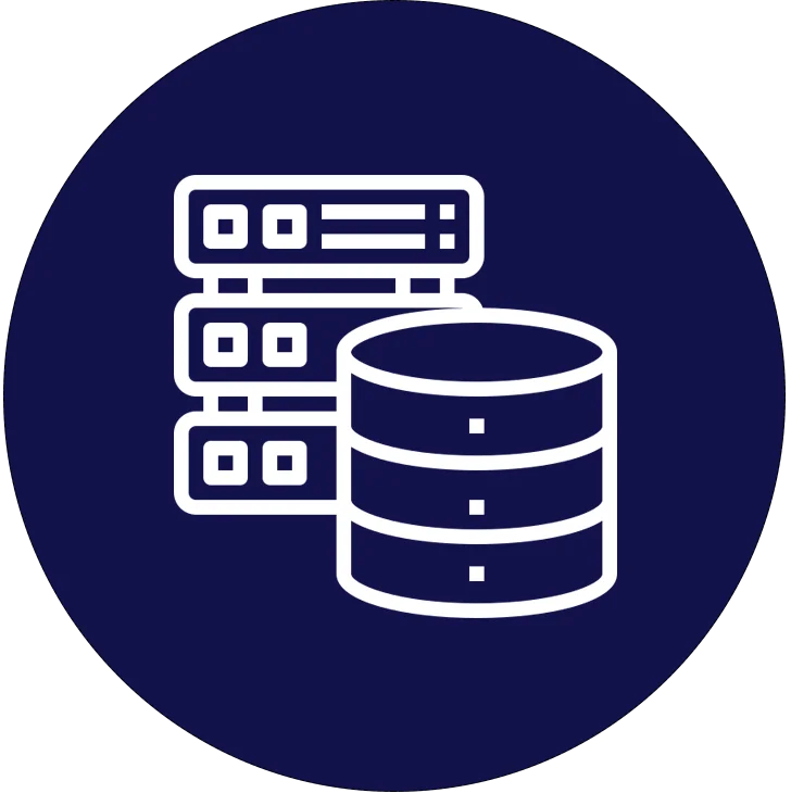 A blue circle with a white line drawing of a server and database.