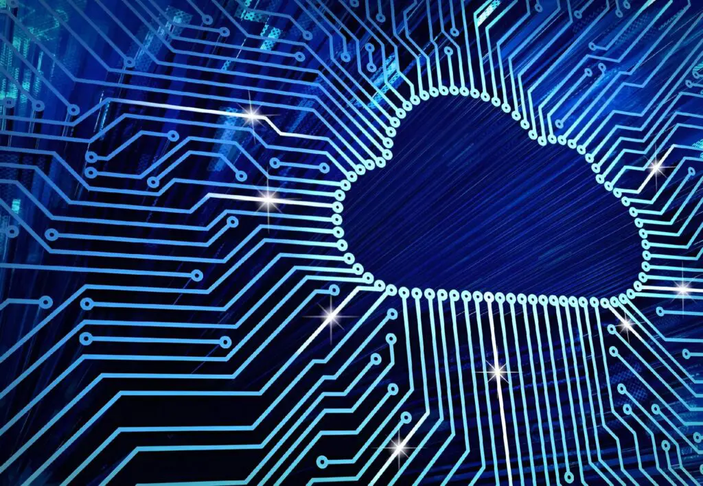 A computer circuit board with the cloud in the center.